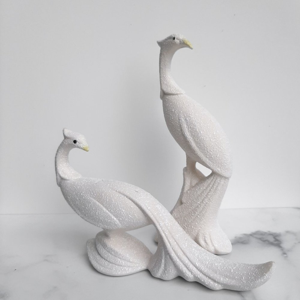 Vintage White Peacock Bird Figurine Pair midcentury modern textured spatter ware